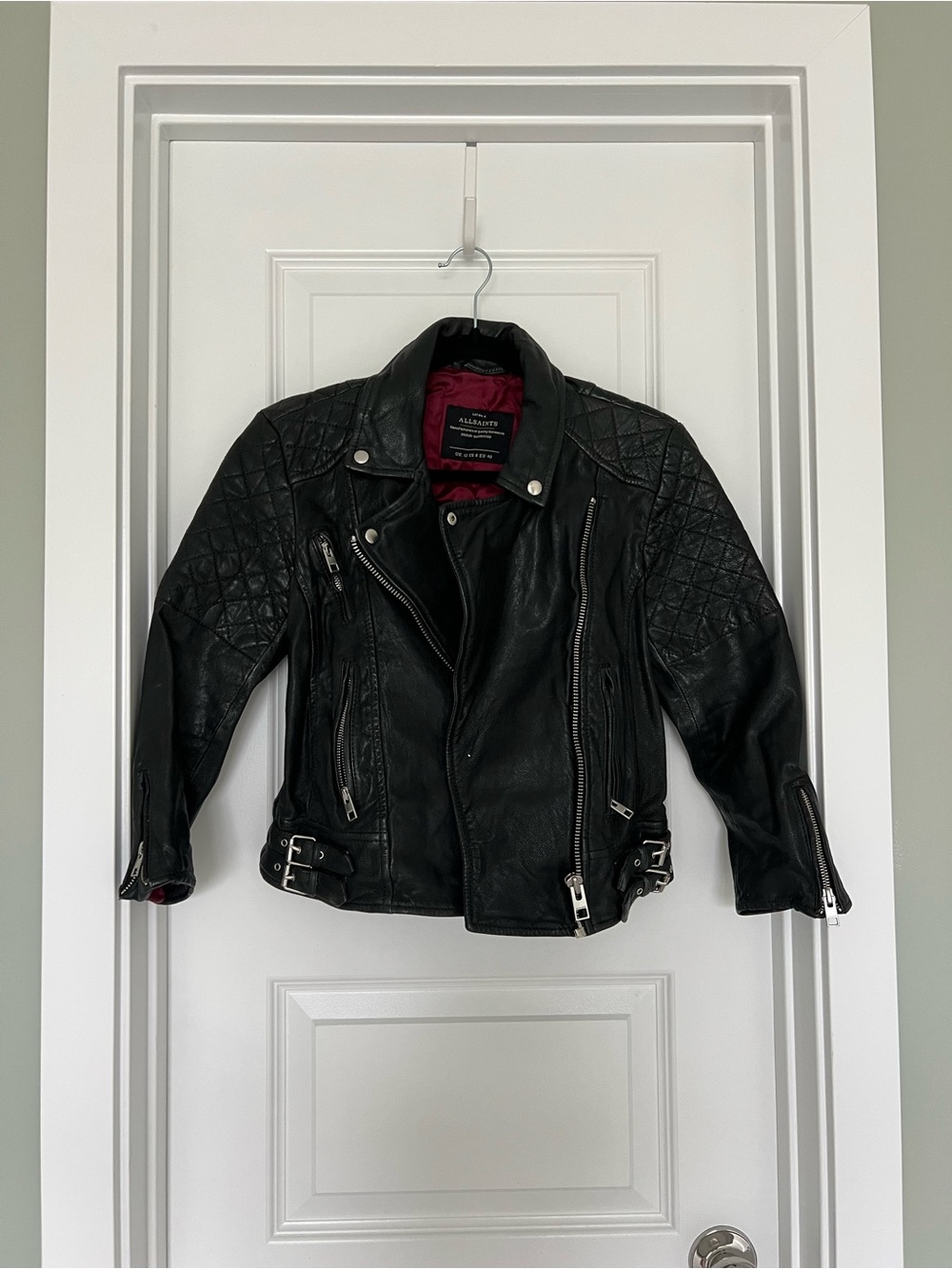 All Saints Black Quilted Shoulder Leather Biker Jacket